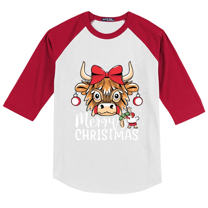 Scottish Highland Cow Merry Christmas Snow Kids Colorblock Raglan Jersey