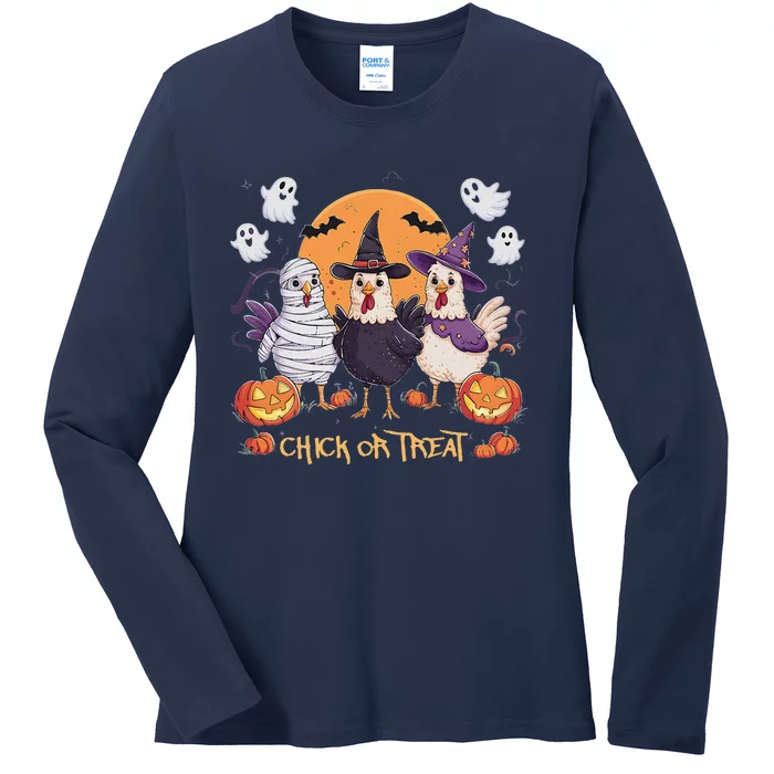 Spooky Halloween Chicken Pumpkin Farm Chick Or Treat Ladies Long Sleeve Shirt