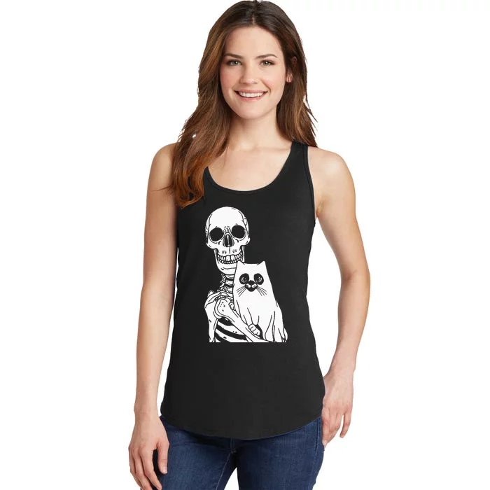 Skeleton Holding Cat Lazy Halloween Costume Skull Kitten Ladies Essential Tank