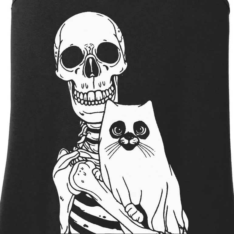 Skeleton Holding Cat Lazy Halloween Costume Skull Kitten Ladies Essential Tank