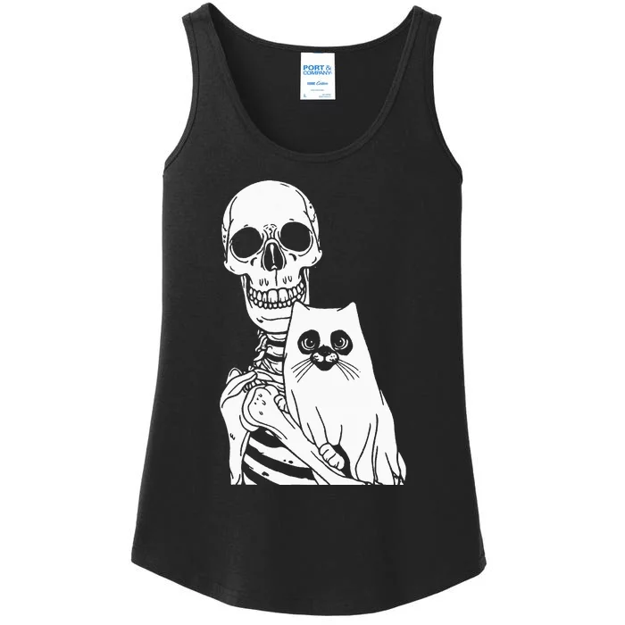 Skeleton Holding Cat Lazy Halloween Costume Skull Kitten Ladies Essential Tank