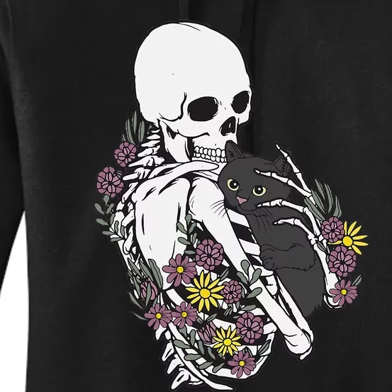 Skeleton Hugging Cat Flowers Skeleton Black Cat Women's Pullover Hoodie