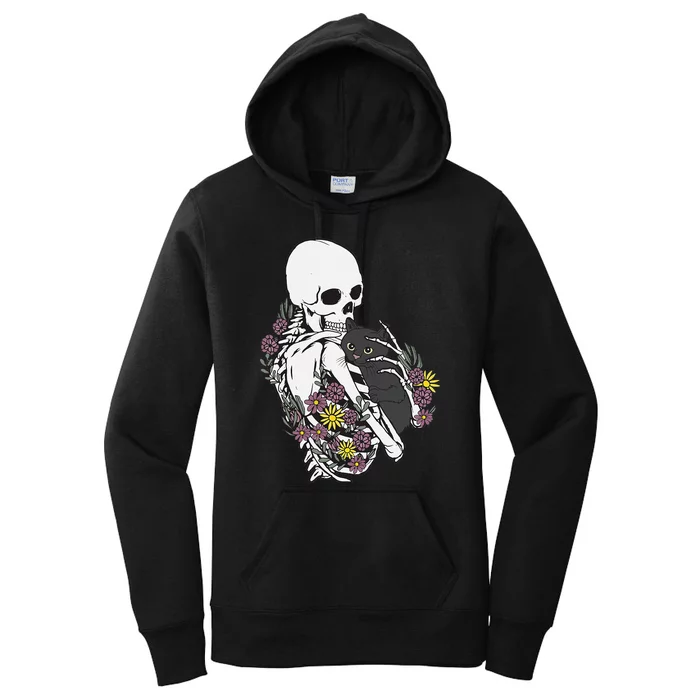 Skeleton Hugging Cat Flowers Skeleton Black Cat Women's Pullover Hoodie