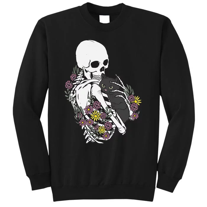 Skeleton Hugging Cat Flowers Skeleton Black Cat Tall Sweatshirt