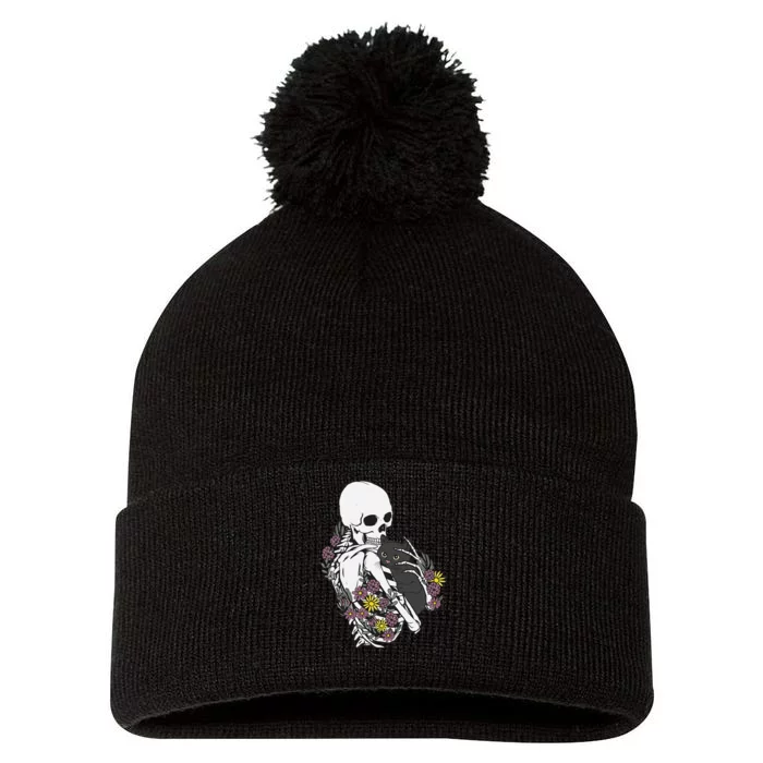 Skeleton Hugging Cat Flowers Skeleton Black Cat Pom Pom 12in Knit Beanie