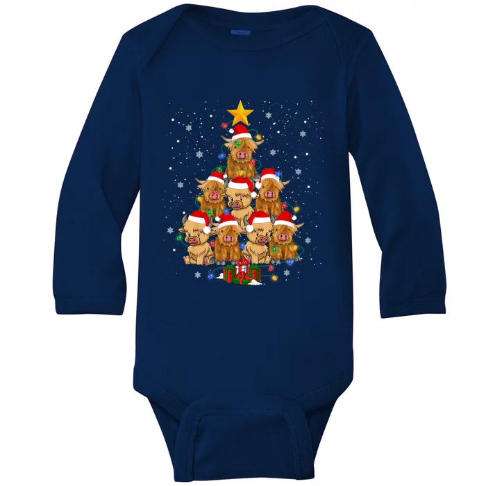 Scottish Highland Cow Christmas Tree Funny Cow Lover Xmas Great Gift Baby Long Sleeve Bodysuit