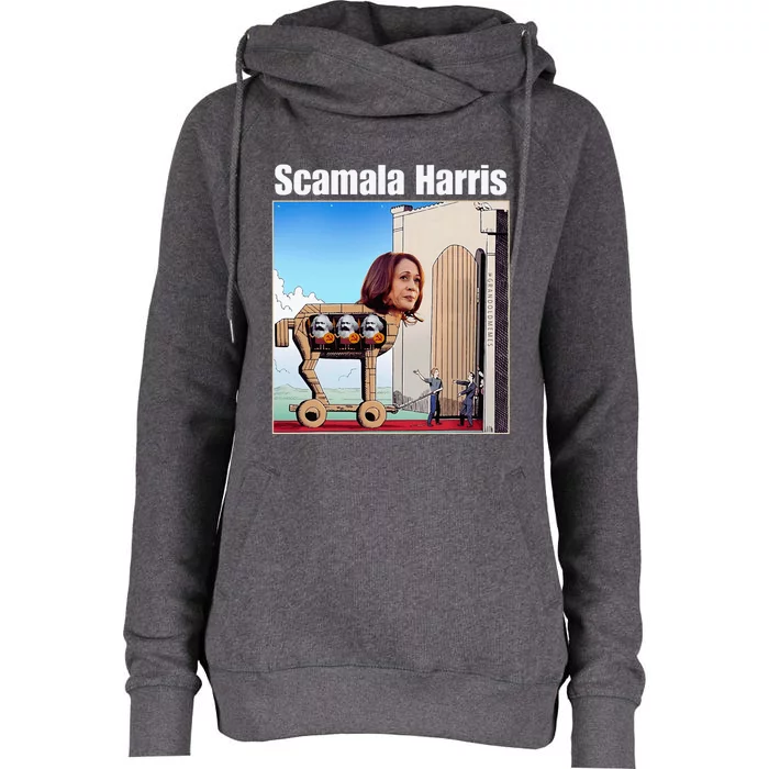 Scamala Harris Communism Trojan Horse Womens Funnel Neck Pullover Hood