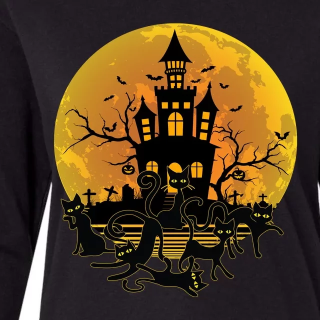 Spooky Halloween Castle Black Cats Womens Cotton Relaxed Long Sleeve T-Shirt