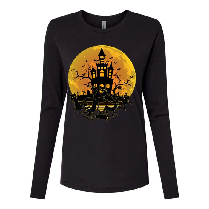 Spooky Halloween Castle Black Cats Womens Cotton Relaxed Long Sleeve T-Shirt