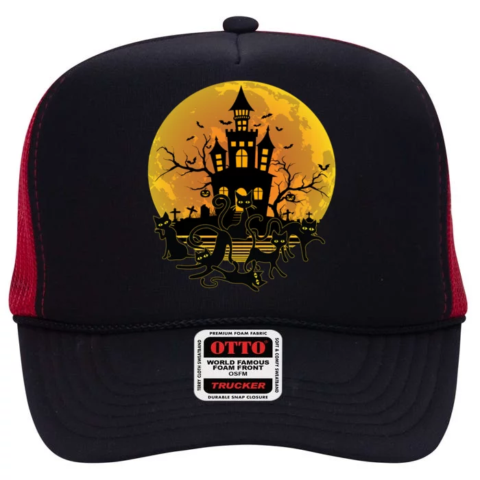 Spooky Halloween Castle Black Cats High Crown Mesh Trucker Hat