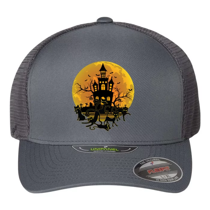 Spooky Halloween Castle Black Cats Flexfit Unipanel Trucker Cap