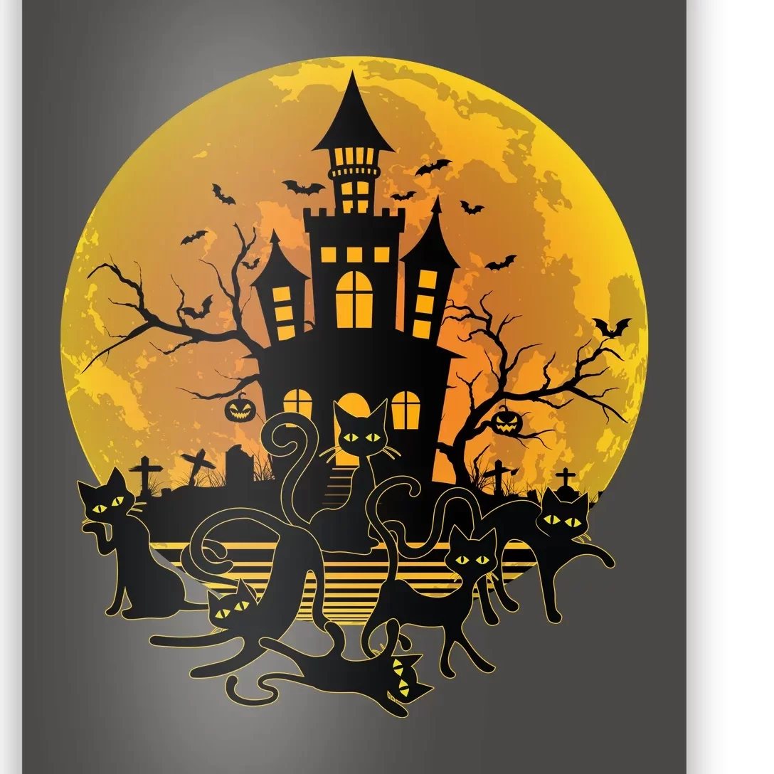 Spooky Halloween Castle Black Cats Poster