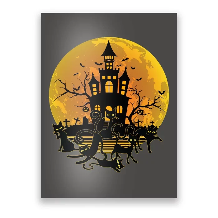 Spooky Halloween Castle Black Cats Poster