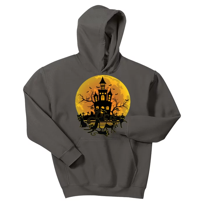 Spooky Halloween Castle Black Cats Kids Hoodie