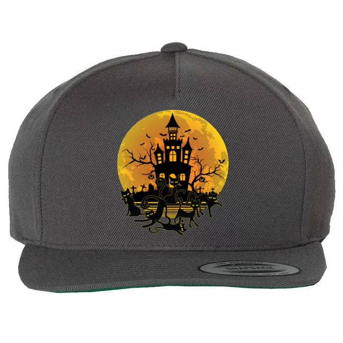 Spooky Halloween Castle Black Cats Wool Snapback Cap