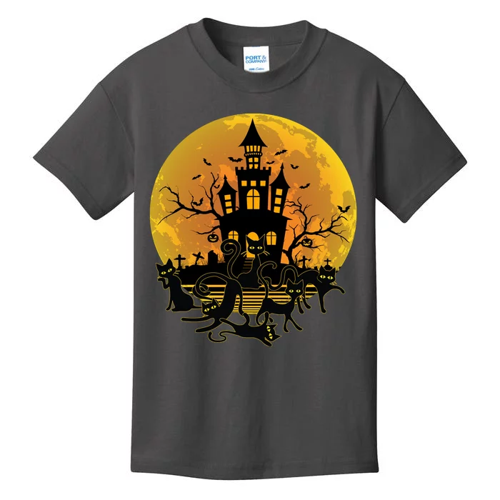 Spooky Halloween Castle Black Cats Kids T-Shirt