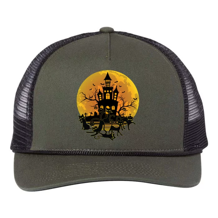 Spooky Halloween Castle Black Cats Retro Rope Trucker Hat Cap