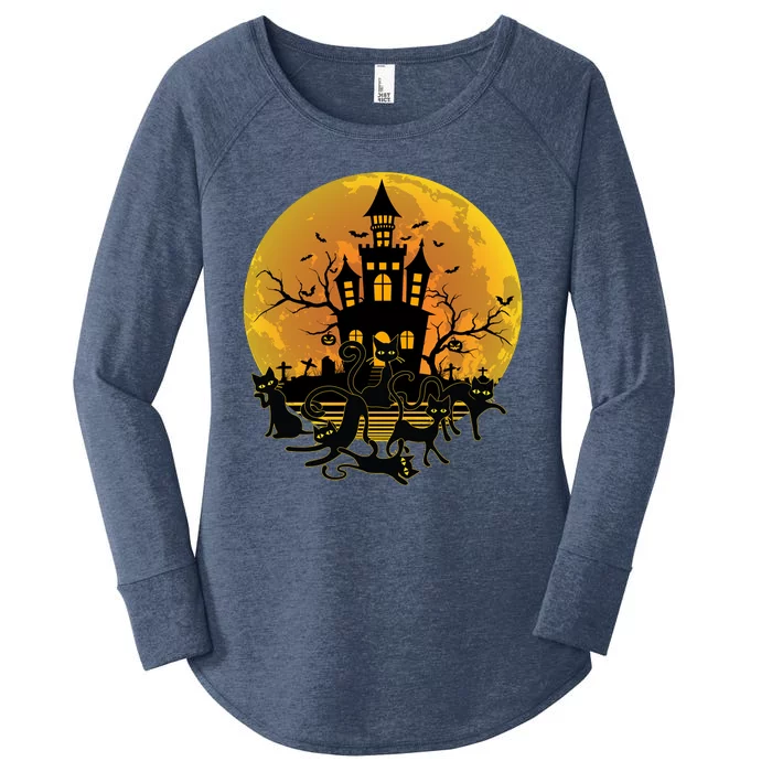 Spooky Halloween Castle Black Cats Women's Perfect Tri Tunic Long Sleeve Shirt