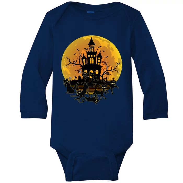 Spooky Halloween Castle Black Cats Baby Long Sleeve Bodysuit