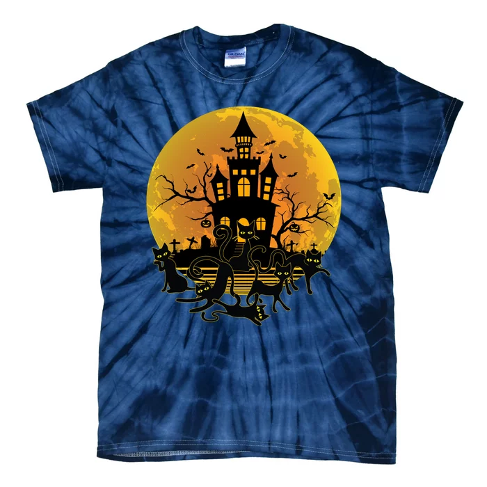 Spooky Halloween Castle Black Cats Tie-Dye T-Shirt