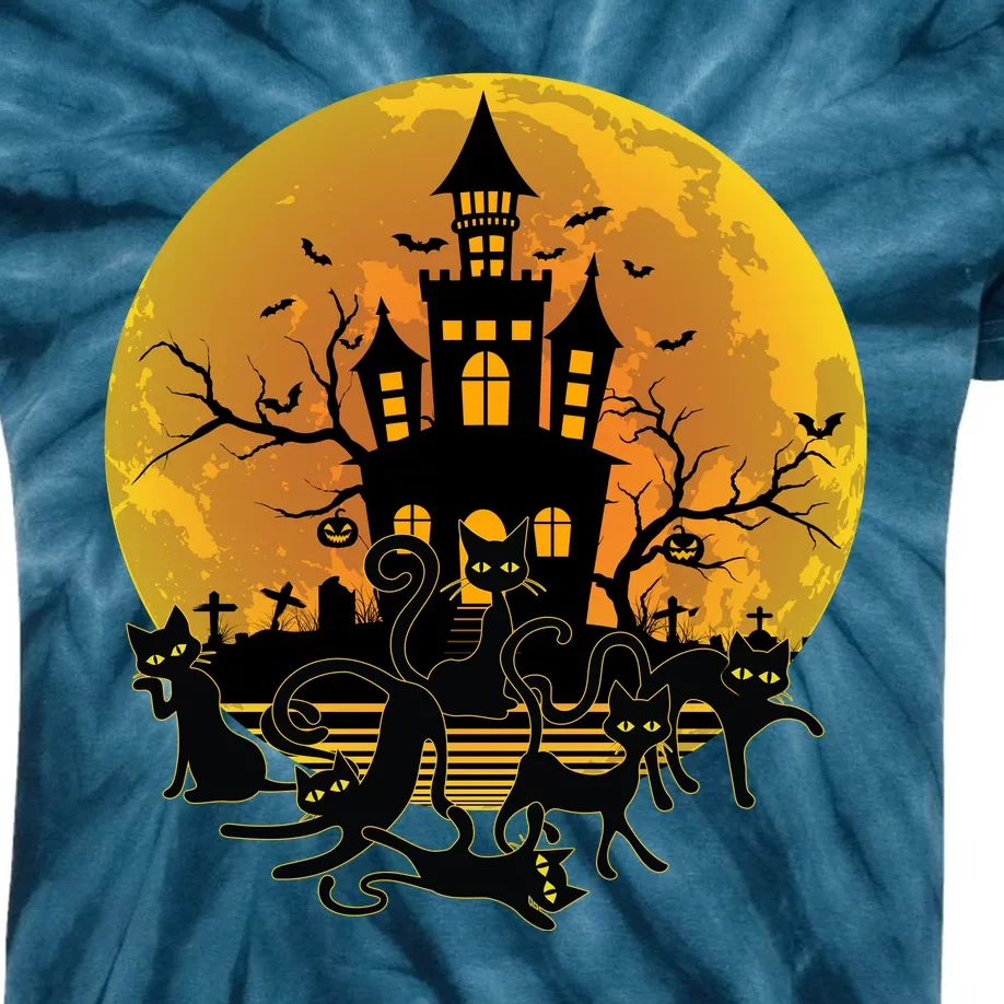 Spooky Halloween Castle Black Cats Kids Tie-Dye T-Shirt