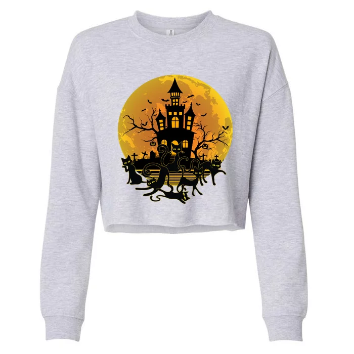 Spooky Halloween Castle Black Cats Cropped Pullover Crew