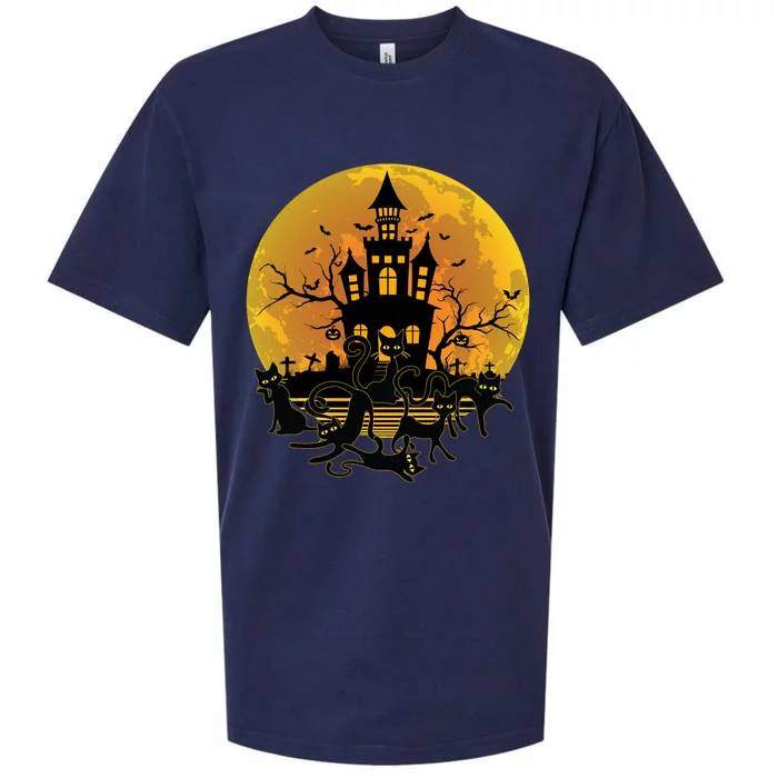 Spooky Halloween Castle Black Cats Sueded Cloud Jersey T-Shirt