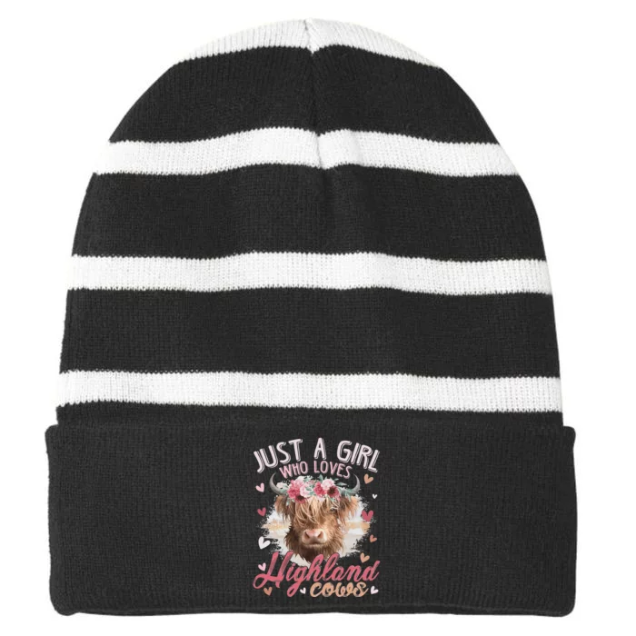 Scottish Highland Cow Just a Girl Who Loves Highland Cows Striped Beanie with Solid Band