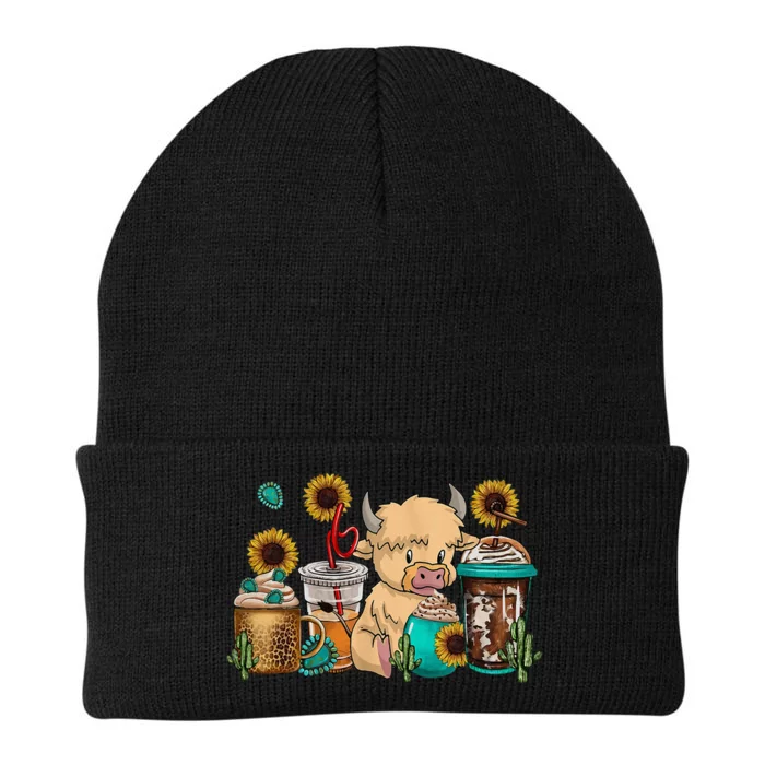 Scottish Highland Cow Print Drinking Coffee Cactus Sunflower Knit Cap Winter Beanie