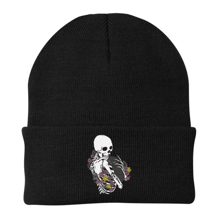 Skeleton Hugging Cat Flowers Skeleton Black Cat Knit Cap Winter Beanie