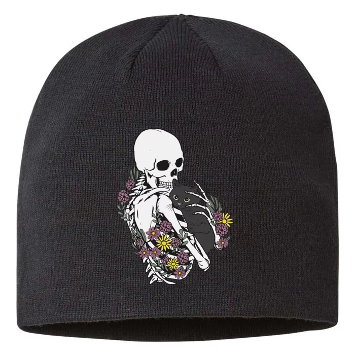 Skeleton Hugging Cat Flowers Skeleton Black Cat 8 1/2in Sustainable Knit Beanie