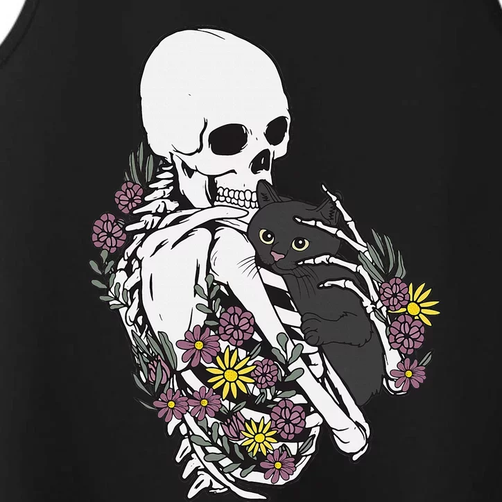 Skeleton Hugging Cat Flowers Skeleton Black Cat Performance Tank