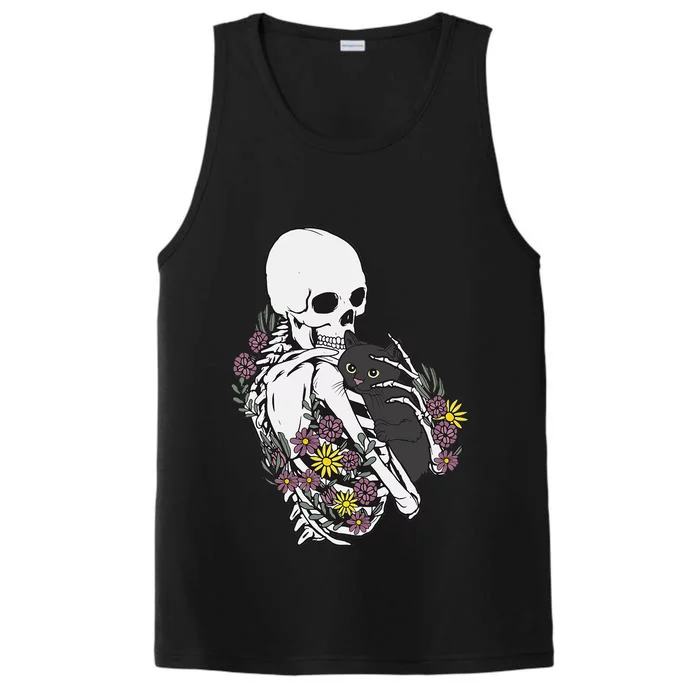 Skeleton Hugging Cat Flowers Skeleton Black Cat Performance Tank