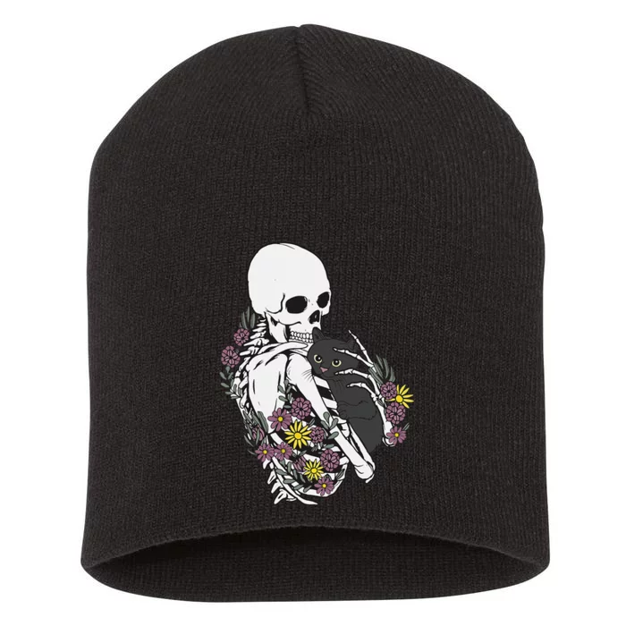 Skeleton Hugging Cat Flowers Skeleton Black Cat Short Acrylic Beanie