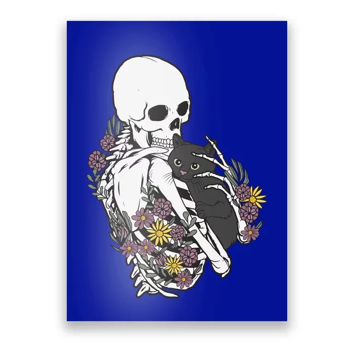 Skeleton Hugging Cat Flowers Skeleton Black Cat Gift Poster