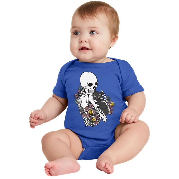 Skeleton Hugging Cat Flowers Skeleton Black Cat Gift Baby Bodysuit