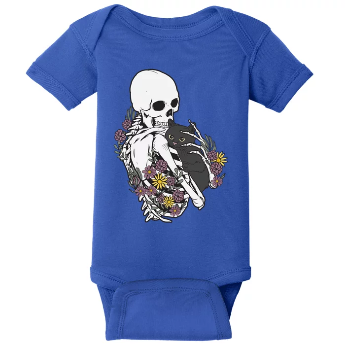 Skeleton Hugging Cat Flowers Skeleton Black Cat Gift Baby Bodysuit