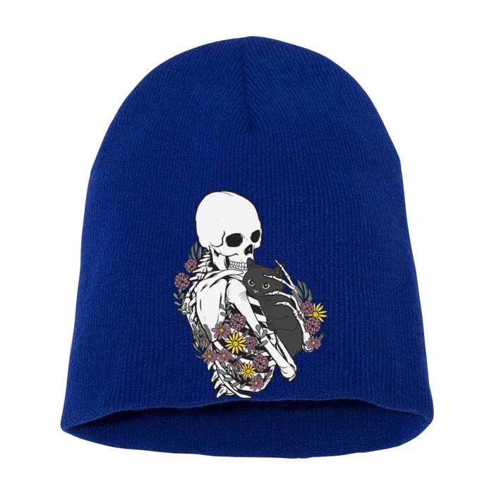 Skeleton Hugging Cat Flowers Skeleton Black Cat Gift Short Acrylic Beanie