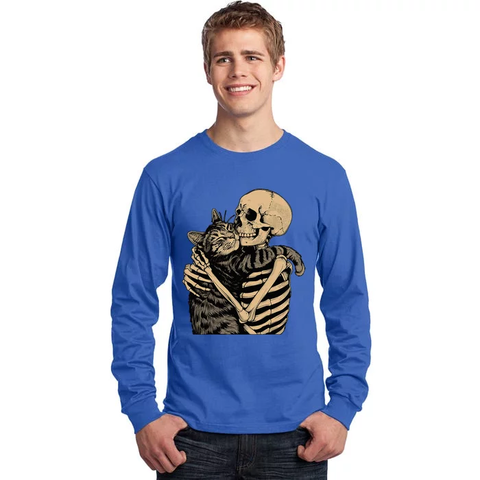 Skeleton Hugging Cat Halloween Cat Lover Cat Mom Dad Tall Long Sleeve T-Shirt