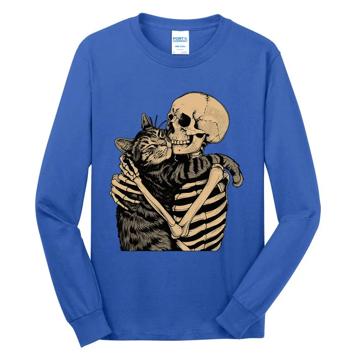 Skeleton Hugging Cat Halloween Cat Lover Cat Mom Dad Tall Long Sleeve T-Shirt