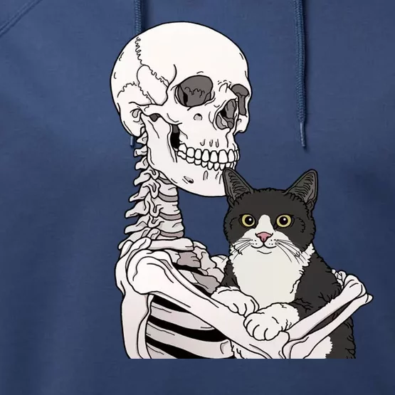 Skeleton Holding Cat Performance Fleece Hoodie