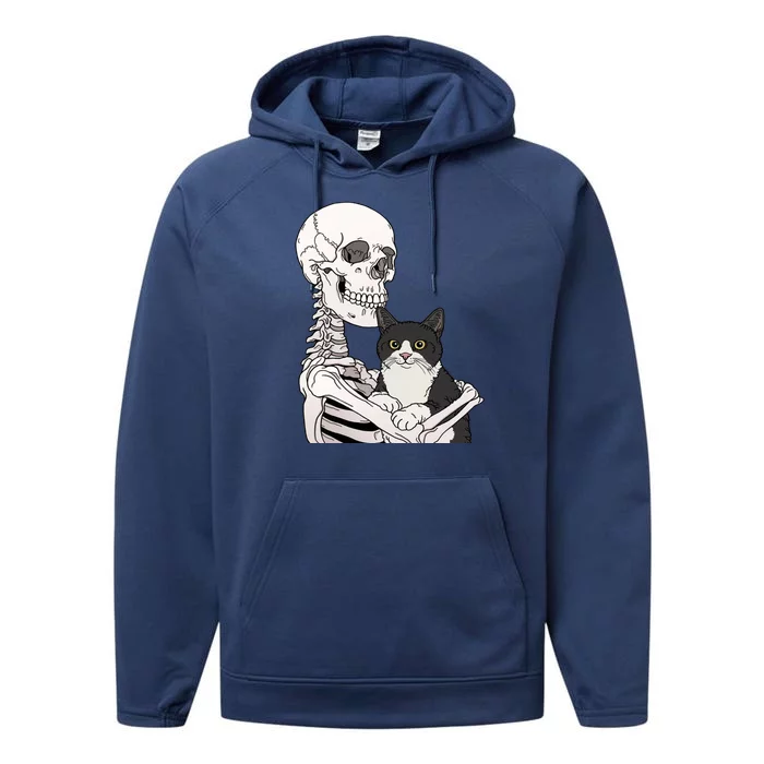 Skeleton Holding Cat Performance Fleece Hoodie