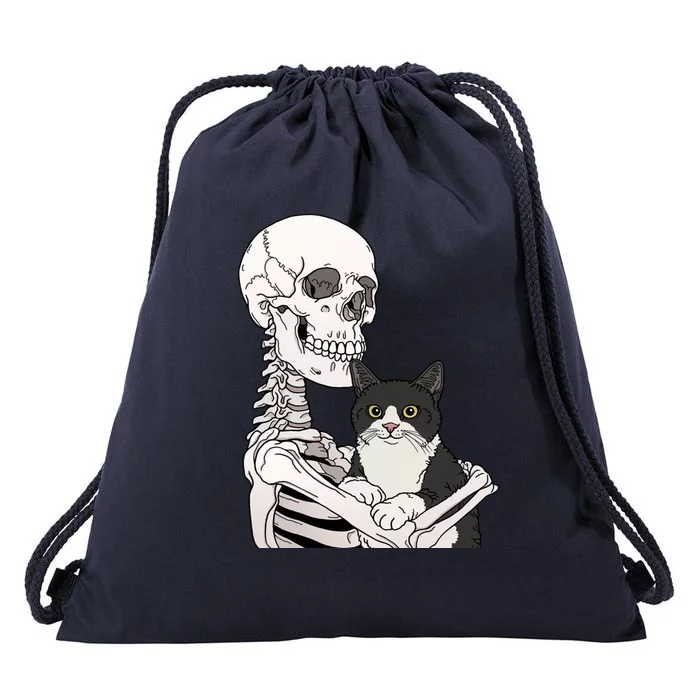 Skeleton Holding Cat Drawstring Bag