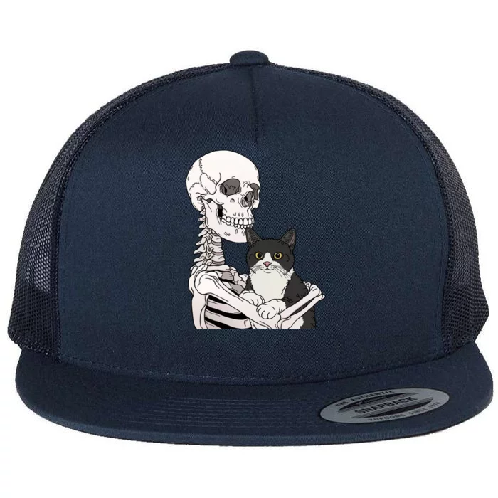 Skeleton Holding Cat Flat Bill Trucker Hat