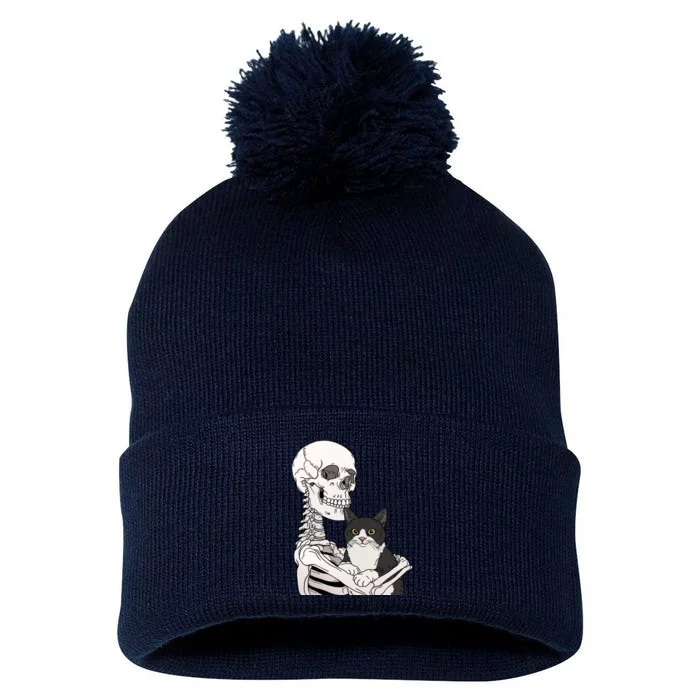 Skeleton Holding Cat Pom Pom 12in Knit Beanie