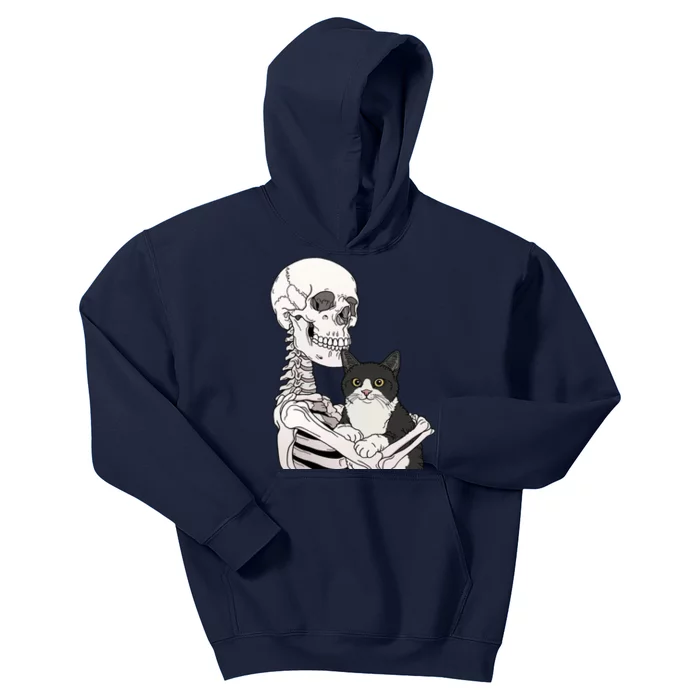 Skeleton Holding Cat Kids Hoodie