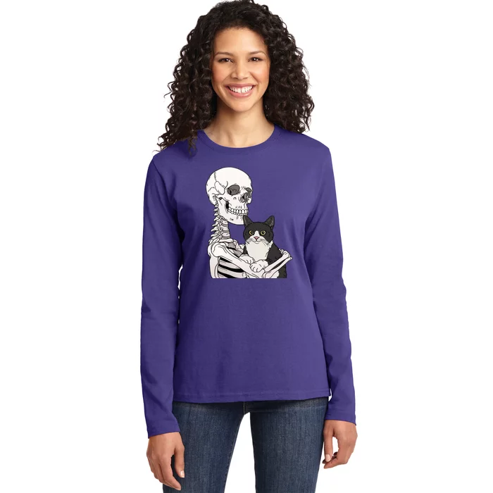 Skeleton Holding Cat Ladies Long Sleeve Shirt