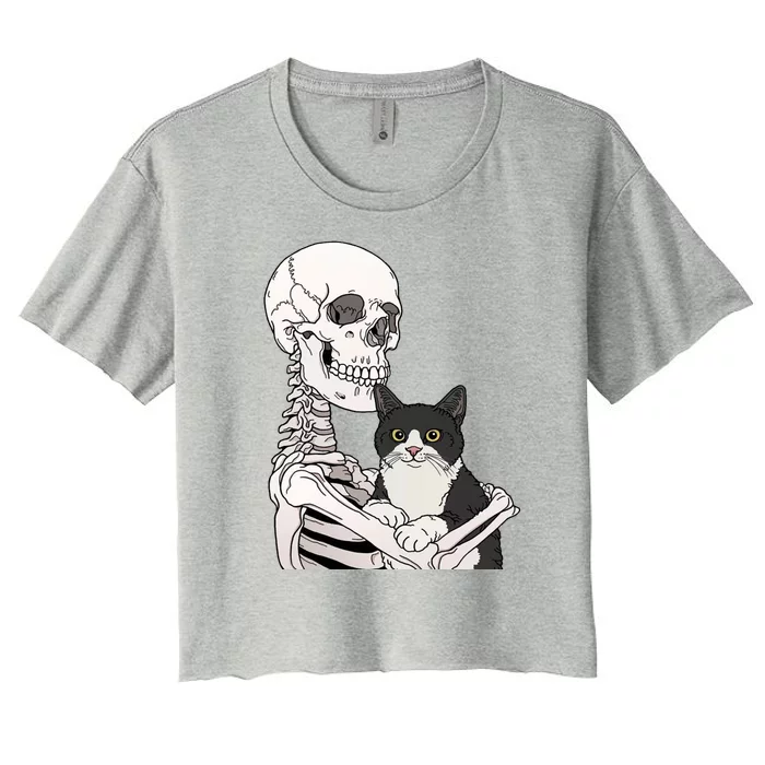 Skeleton Holding Cat Women's Crop Top Tee