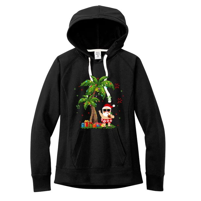 Santa Hawaiian Christmas Palm Tree Lights Xmas Women's Fleece Hoodie