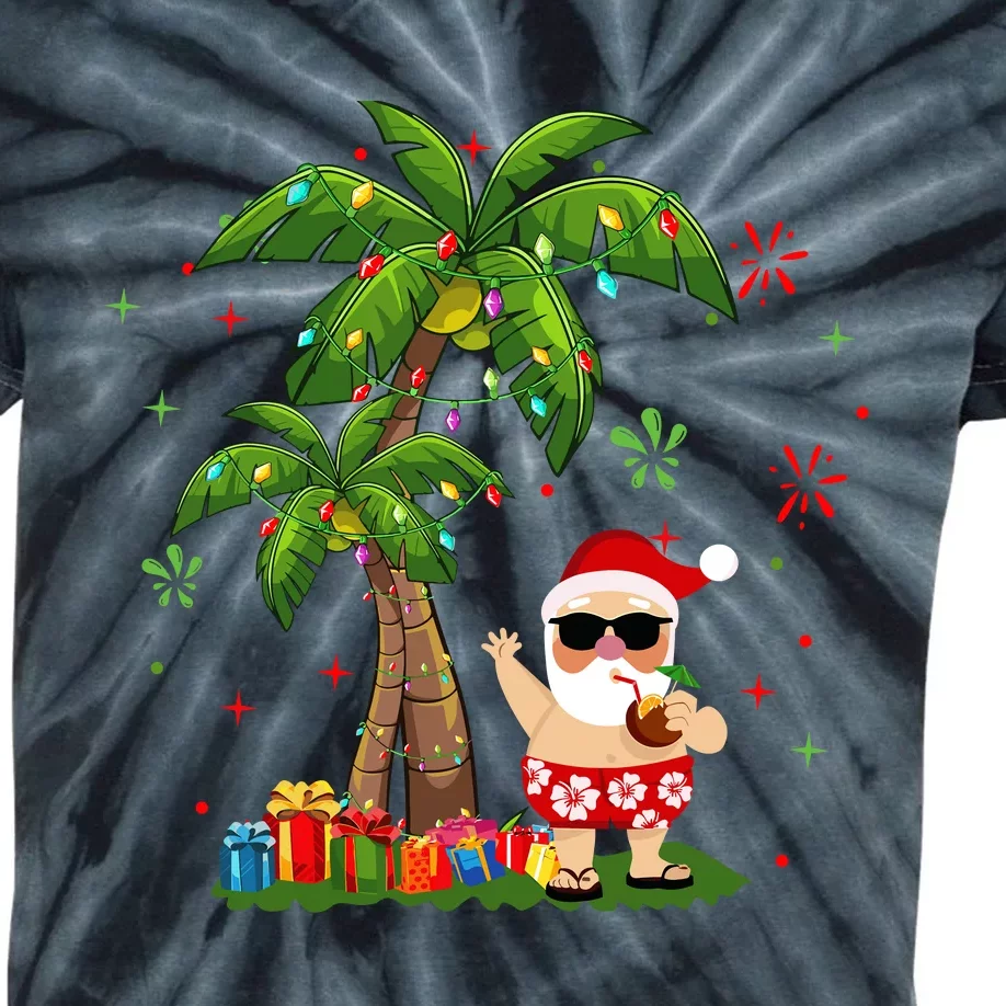 Santa Hawaiian Christmas Palm Tree Lights Xmas Kids Tie-Dye T-Shirt